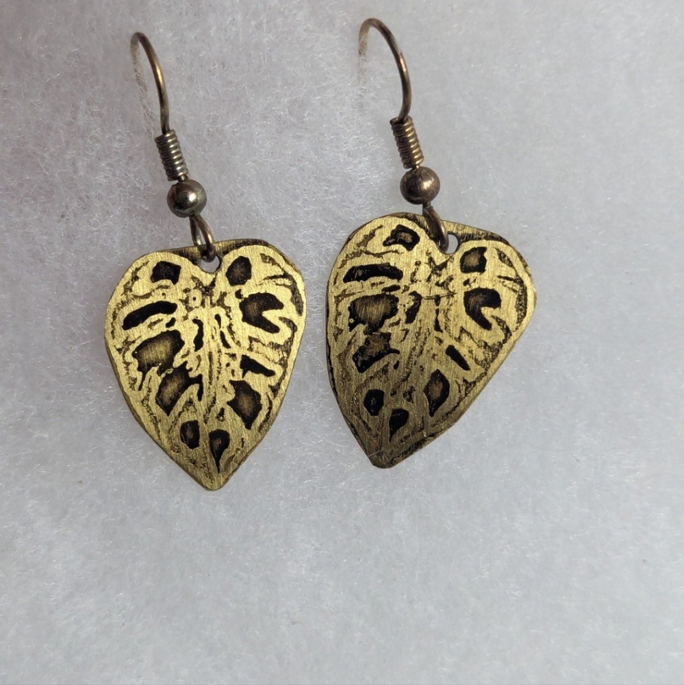 Brass Heart Shaped Leaf Earrings